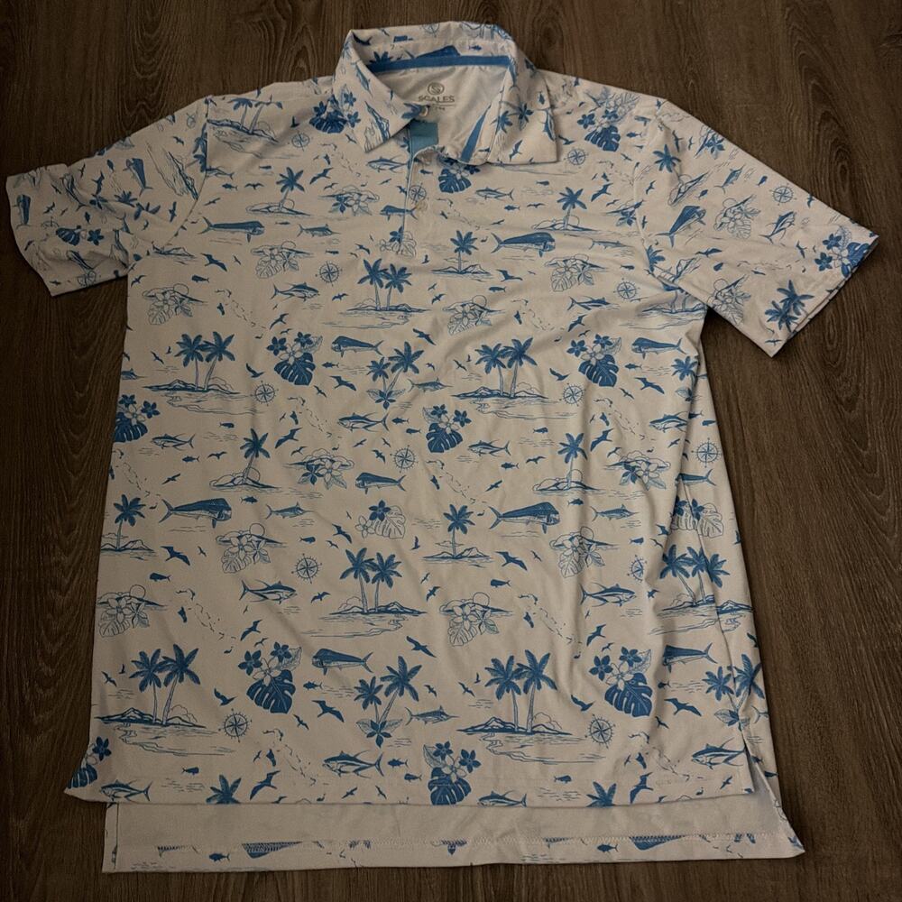 Scales Polo Shirt Mens Large Blue Ocean Pattern‎ Golf Performance